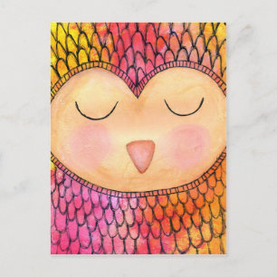 Cartão Postal Pintura Mista Mista Moderna Funky Sleepy Owl