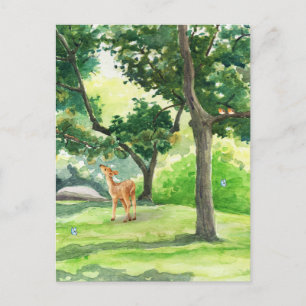 Cartão Postal Pintura natural ilustrada verde com veado