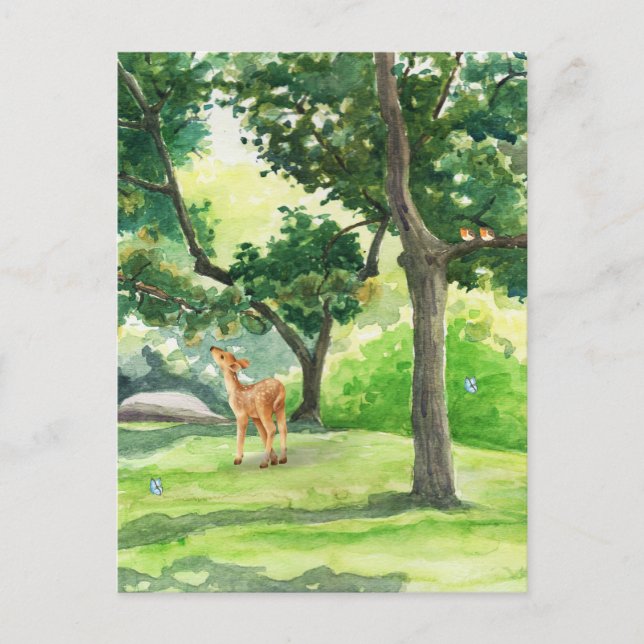 Cartão Postal Pintura natural ilustrada verde com veado (Frente)