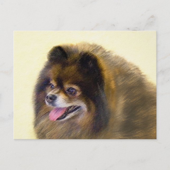 Cartão Postal Pintura Original de Cachorro Pomerânia Preto e Cas (Frente)