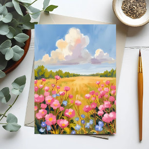 Cartão Postal Pintura paisagística de campo de flores cor-de-ros