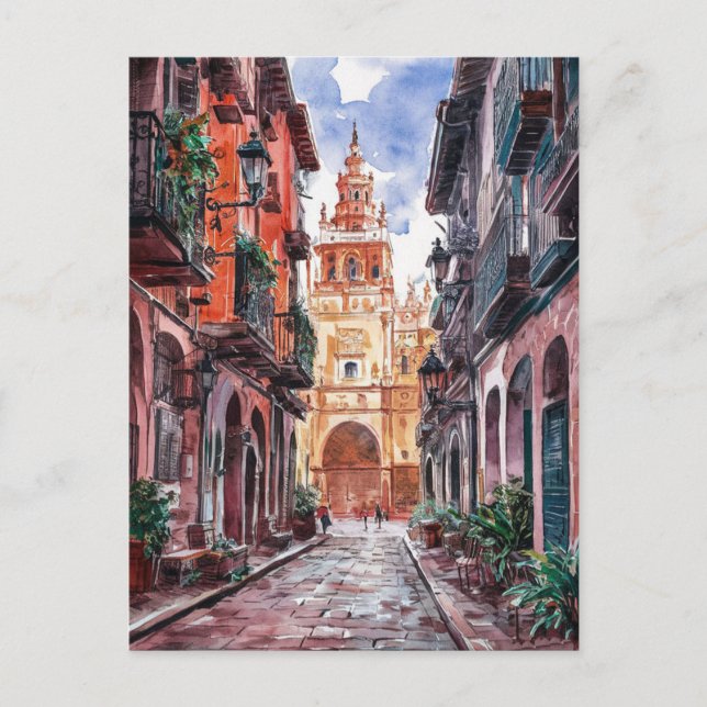 Cartão Postal Pintura por Aquarela com Viagem de Espanha Seville (Frente)