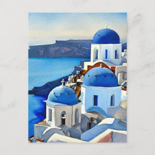 Cartão Postal Pintura por Aquarela da Grécia Santorini