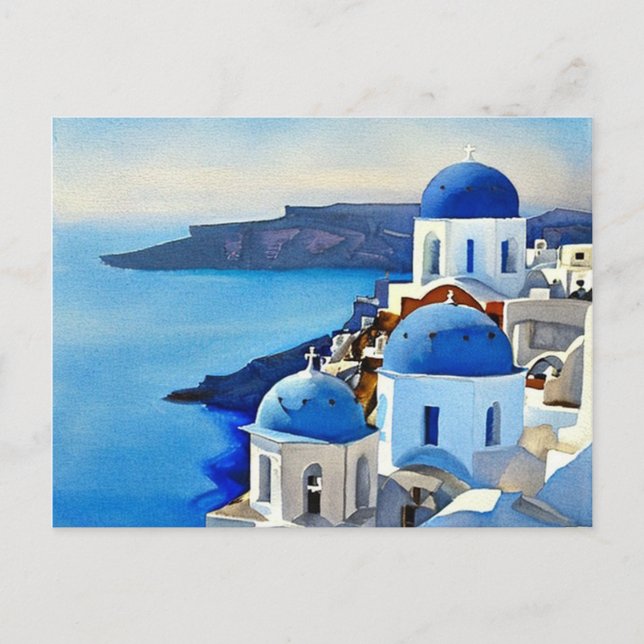 Cartão Postal Pintura por Aquarela da Grécia Santorini (Frente)