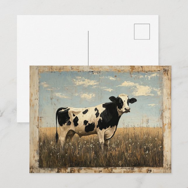 Cartão Postal Pintura russa de uma vaca num campo iluminado pelo (Frente/Verso)