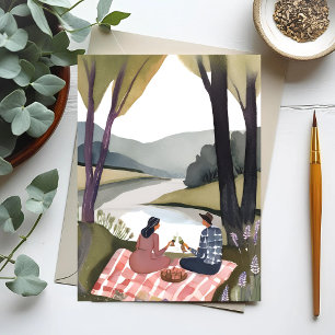 Cartão Postal Piquenique à Beira-Lago Pintura em Aquarela da N