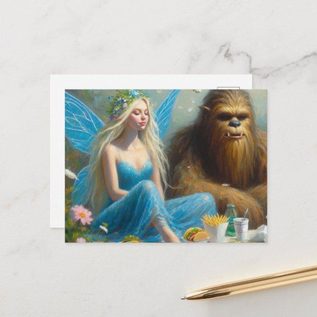 Cartão Postal Piquenique de Fast Food com Sasquatch e a Fada (Frente/Verso In Situ)