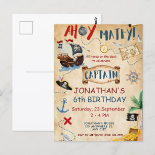 Cartão Postal Pirata Fofo Pergaminho de Aniversário aquarela