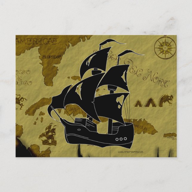 Cartão Postal Pirate Map #1, Tattered Ship (Frente)