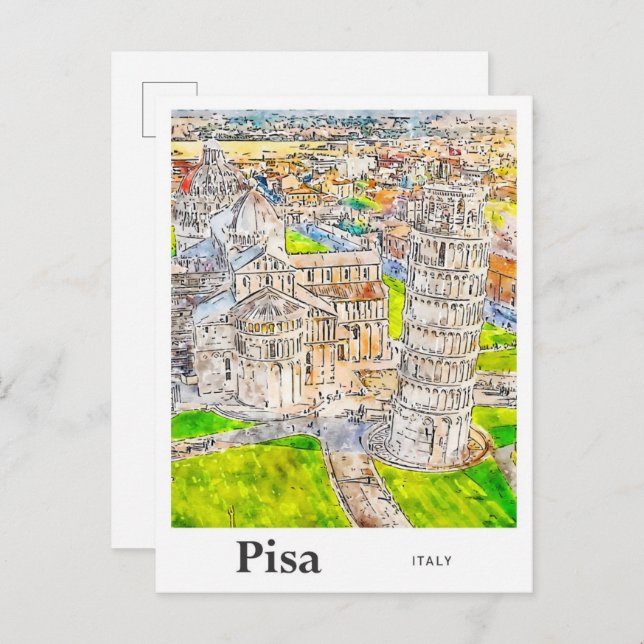 Cartão Postal Pisa Itália Desenho Da Mão De Desenho De Aquarela (Frente/Verso)