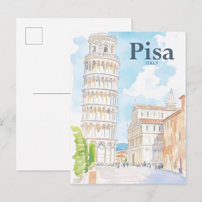 Cartão Postal Pisa Itália Watercolor Painting Viagem (Frente/Verso)