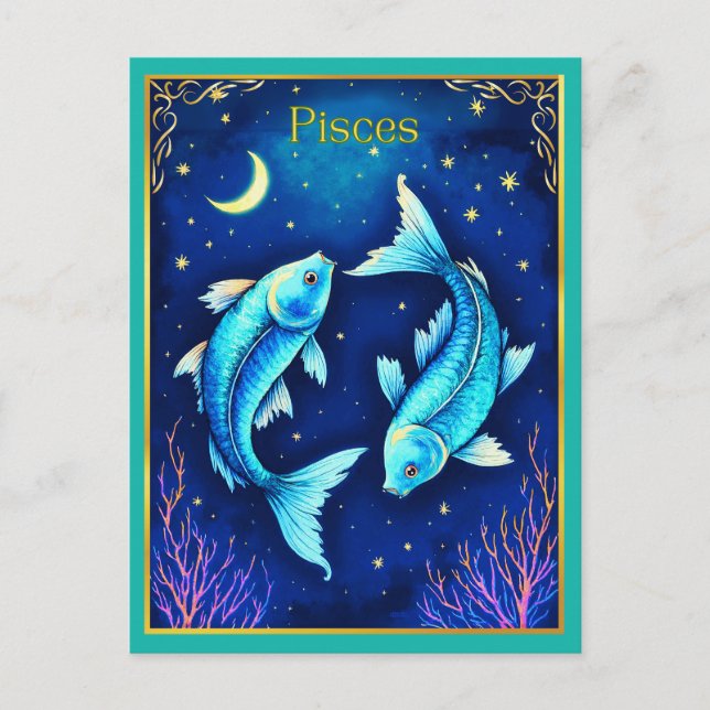 Cartão Postal Pisces Zodiac Fish Swimming in Cosmic Waters (Frente)