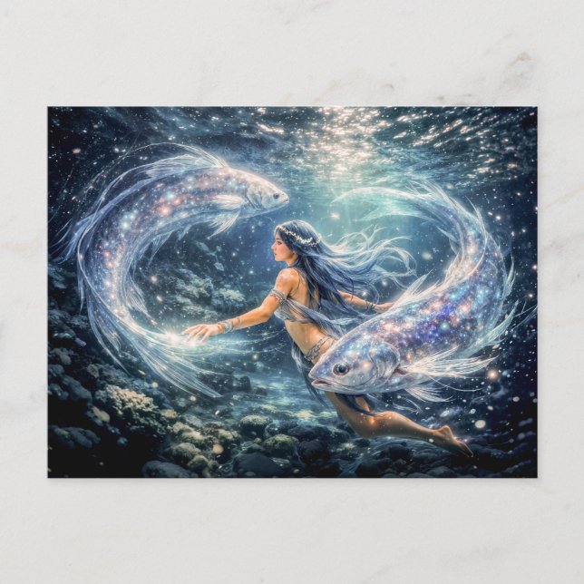 Cartão Postal Pisces Zodiac with Woman Surrounded by Two Glowing (Frente)