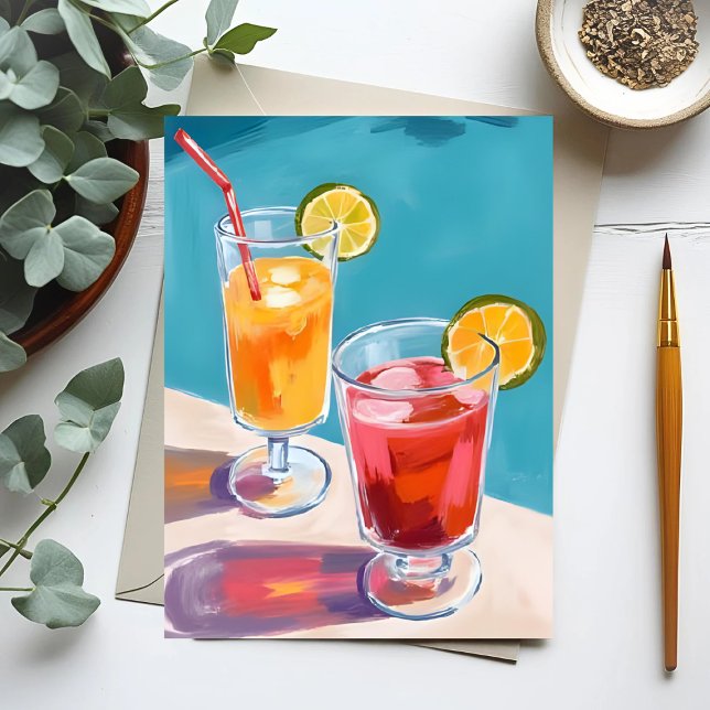 Cartão Postal Piscina de Verão Cocktails Watercolor (Criador carregado)