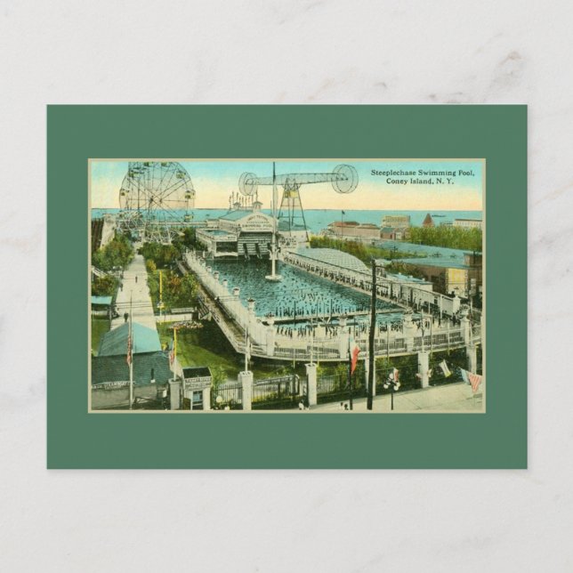 Cartão Postal Piscina Vintage Steeplechase Coney Island NY (Frente)
