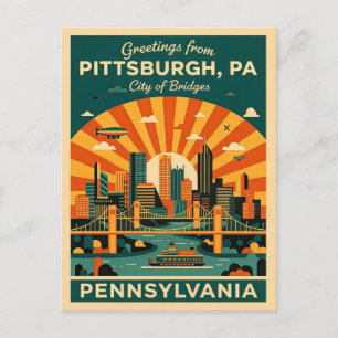 Cartão Postal Pittsburgh Pensilvânia Cidade das Pontes Retrô