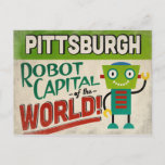Cartão Postal Pittsburgh Pensilvânia Robot - Funny Vintage<br><div class="desc">Um cartão postal engraçado da viagens vintage de Pittsburgh Pensilvânia que apresenta um robô amigável com um texto retrô divertido que diz,  "Pittsburgh,  Robot Capital do Mundo!"</div>