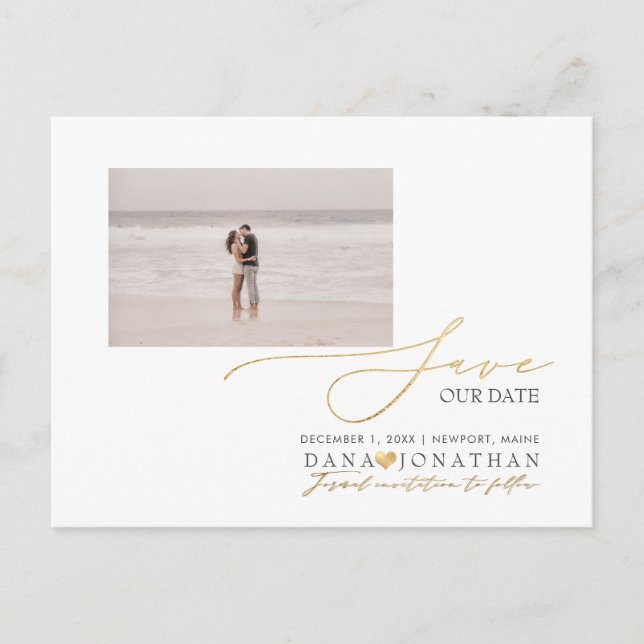 Cartão Postal PixDezines Falso Ouro Save the Date Luxo Script Po (Frente)