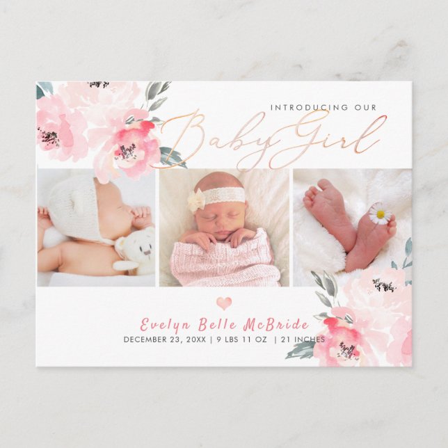 Cartão Postal PixDezines Watercolor flowers, Girl Birth (Frente)