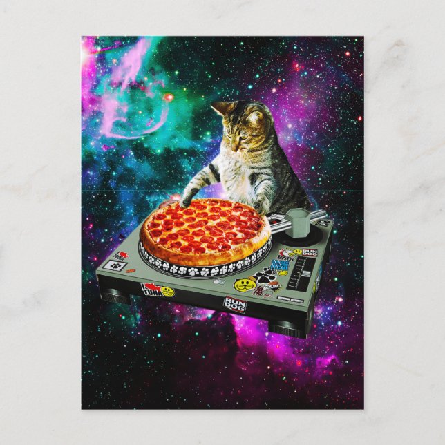 Cartão Postal pizza de gato dj espacial (Frente)