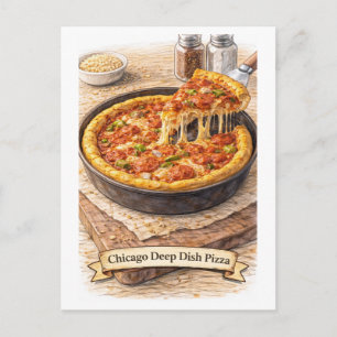 Cartão Postal Pizza Deep-Dish de Chicago (Série de Comida Americ