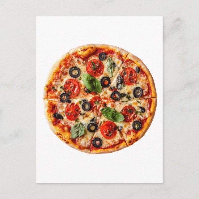 Cartão Postal pizza italiana com tomates, azeitonas e manjericão (Frente)