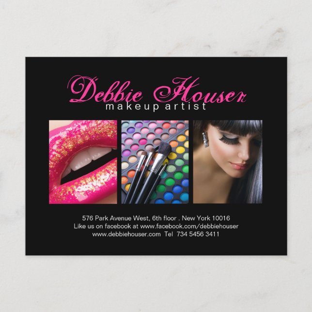 Cartão Postal Placa Comp Makeup do Monograma Rosa e Preto (Frente)