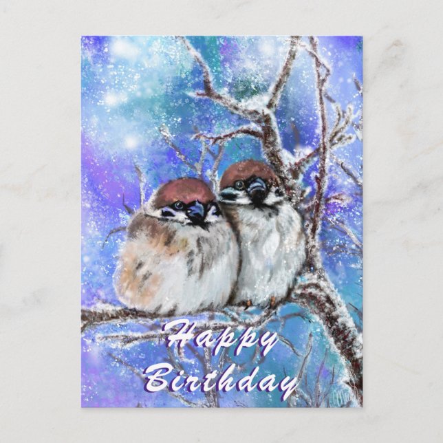 Cartão Postal Placa de aniversário com Sparrows de inverno - Hug (Frente)