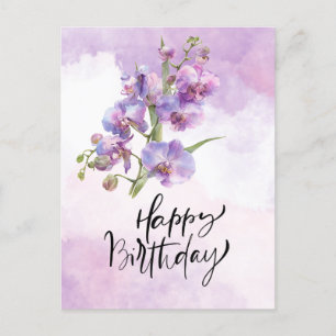 Cartão Postal Placa de Aniversário da Orquídea Roxa - Aquarela E