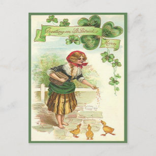 Cartão Postal Placa de Dia de São Patrício Vintage Feeding Ducks