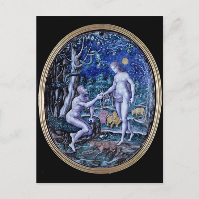 Cartão Postal Placa de Limoges que representa Adam e Eve, c.1570 (Frente)