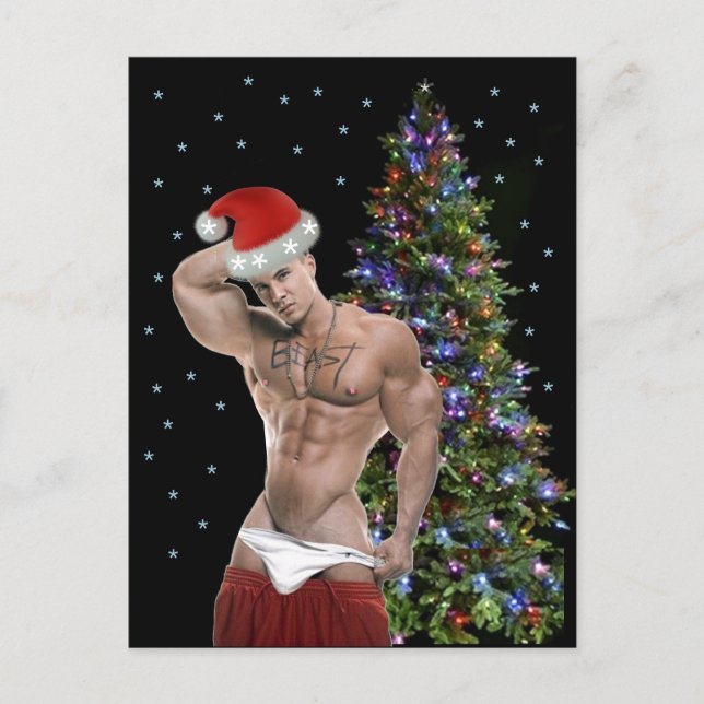Cartão Postal Placa de Natal para Papais noeis Hunk Buff Mais Ac (Frente)