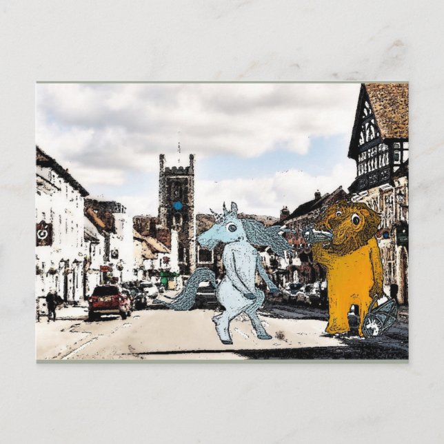 Cartão Postal Placa de Posto Unicorn e Lion (Frente)
