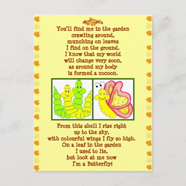 Cartão Postal Placa postada do poema da lagarta da borboleta (Frente)