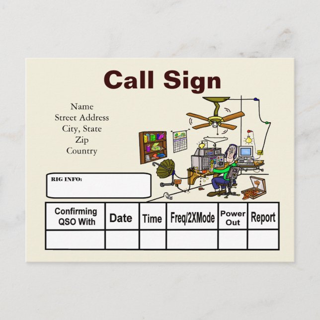 Cartão Postal Placa QSL de Cartoon de Ham Shack Louco Personaliz (Frente)