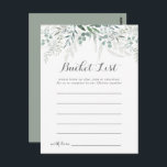 Cartão Postal Placas de lista de Baldes Eucalyptus com um verde<br><div class="desc">Estes cartões de lista de baldes de eucalipto verdes minimalistas são a atividade perfeita para uma recepção de casamento ou chá de panela rústico. A design apresenta uma coloração aquosa elegante folhas verdes de eucalipto. O sinal da Lista de baldes é vendido separadamente.</div>