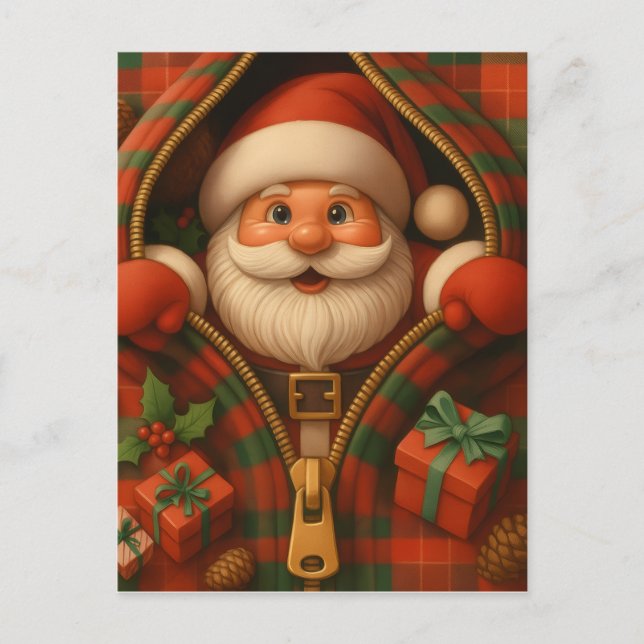 Cartão Postal Plaid Santa Claus Christmas Design  (Frente)