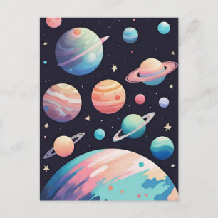 Cartão Postal Planetas coloridos de Pastel no espaço escuro