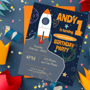 Cartão Postal Planetas e estrelas de foguetes de Festa de aniver