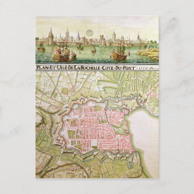Cartão Postal Plano da cidade de La Rochelle, 1736 (Frente)