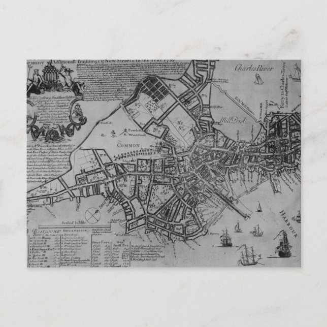 Cartão Postal Plano de Boston, Nova Inglaterra, 1739 (Frente)