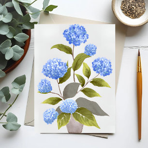 Cartão Postal Planta de Hortênsia Azul Aquarela Floral Bonita