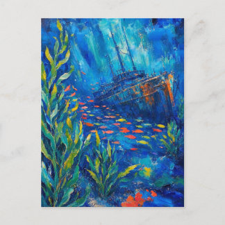 Cartão Postal plantas oceânicas navio afundado pintura abstrata