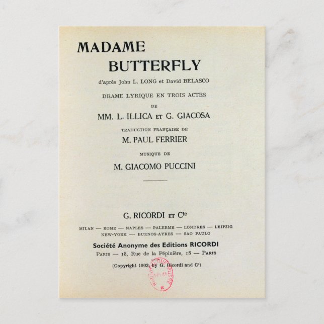 Cartão Postal Playbill for Madame Butterfly por Giacomo (Frente)