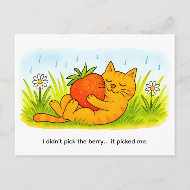 Cartão Postal Playful Cartoon Cat Hugging Big Strawberry (Frente)