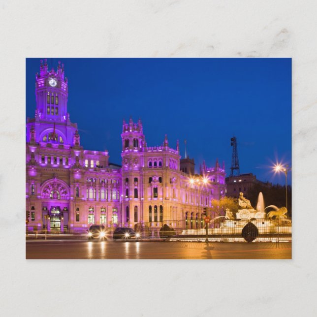 Cartão Postal Plaza de Cibeles à noite em Madrid (Frente)
