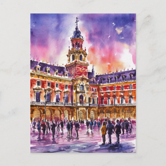 Cartão Postal Plaza Mayor, Madrid Watercolor Painting (Frente)