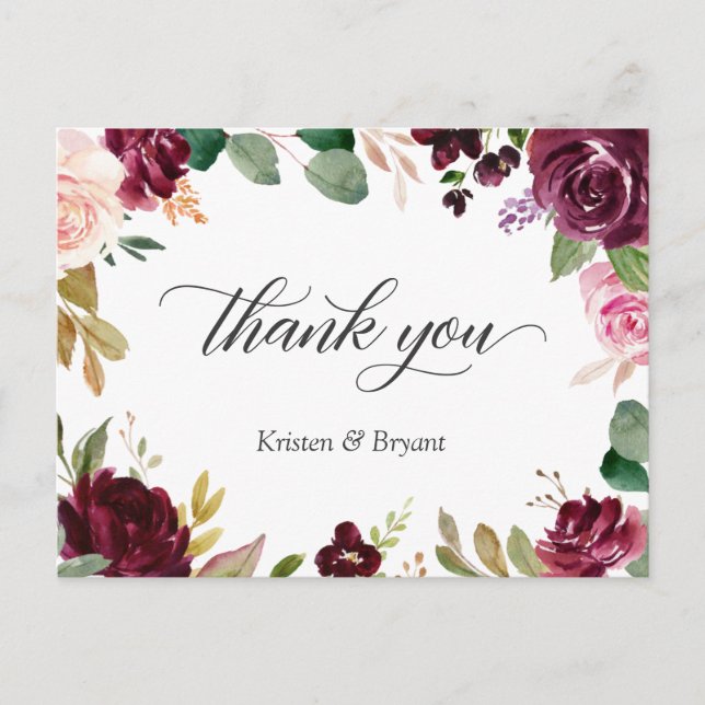 Cartão Postal Plum Purple Blush Floral Casamento Obrigado (Frente)