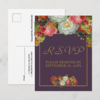 Plum Purple Vintage Autumn Floral Weding RSVP