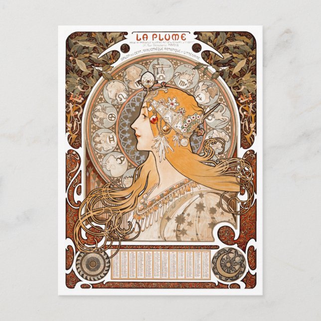 Cartão Postal Plume Zodiac Mulher de Alphonse Mucha - Art Nouvea (Frente)